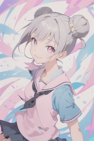 1girl, double bun short brown hair, looking at the viewer, gray hair, pink eyes, short sleeve, dynamic pose, smile, schoolgirl, miniskirt, alone, very aesthetic, absurd, txznf, Colors, KunoTsubakiv1, ASU1, Vivid colors,
<3 shaped pupil,Vivid Colors,Beautiful