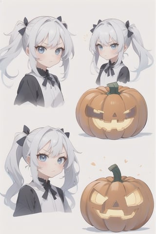 a pumpkin with long pigtails, white hair, adorable expressions, pouting expression,
,KunoTsubakiv1