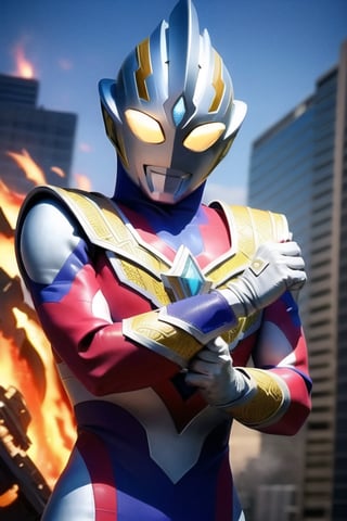 Best quality, masterpiece, 1boy, UltramanTrigger, armor, bodysuit, boots, gloves, helmet, pauldrons, shoulder_armor, shoulder_pads, white_gloves, solo, a giant in city, fighting stance, fire on city, fire background, upper body, 