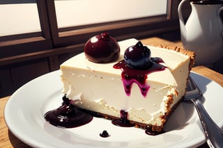 Very realistic photo, rare cheesecake with tea and blueberry sauce on the table, close up, wonderful artwork