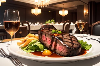 Very realistic photo, steak and fork and knife on a table in a luxury restaurant, close-up, great artwork