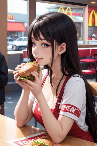 Perfectly beautiful woman eating a hamburger at McDonald's
