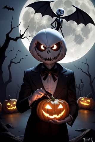 Jack Skellington, Halloween, The Nightmare Before Christmas, Tim Burton, Bat, Full Moon, Jack-O-Lantern, Amazing Artwork