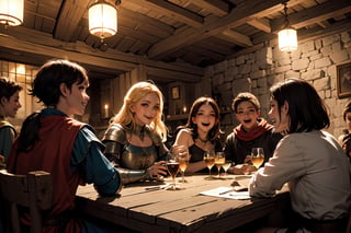 masterpiece, best quality, a group of adventurers, celebrating in a medieval tavern, fantasy, medieval, beautiful detailed brilliance.