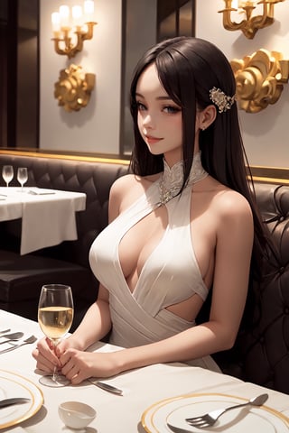 Perfectly beautiful woman, elegant evening dress, dinner at a fancy restaurant, amazing artwork, 