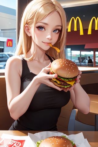 Perfectly beautiful woman eating a hamburger at McDonald's

