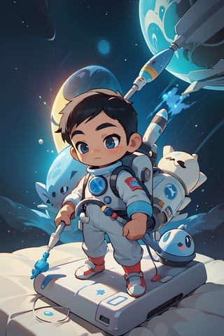 childreninterior, toodler, 1boy, blue wallpaper with planet rocket astronaut, realistic, bedroom with slider, stuffed toy,  morning, cute, chibi