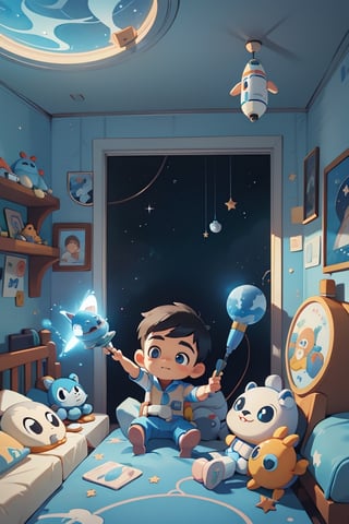 childreninterior, toodler, 1boy, blue wallpaper with planet rocket astronaut, realistic, bedroom with slider, stuffed toy,  morning, cute