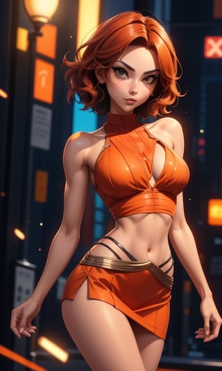 a stunning female femme fatale with short wavy hair, trendy clothing, orange color scheme, slender, toned body, tribal tattoos, sultry facial expression, urbancore , white and bronze, comics style, anime style , (skinny waist:1.3), sexy breasts, massive breasts, huge hip, navel masterpiece, best quality, realistic, hyperresolution, sharp focus, absurdres, good anatomy, closeup, ultra detailed, ultra resolution, particles, magical filter, lens_flare effect, (detailed face:1.2)