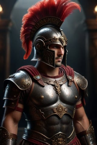 Create an image of an individual wearing detailed ancient Roman armor with dark bronze metallic finishes, embossed designs on the helmet and chest piece, a red plume atop the helmet, braided hair visible from beneath the helmet, and leather straps across the chest adorned with matching metallic accents and red fabric.
