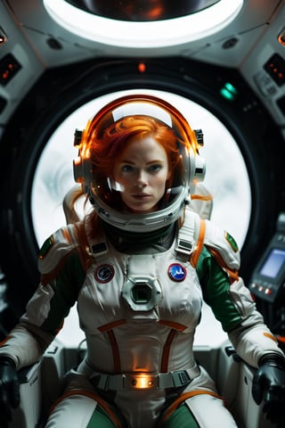 An astronaut drifts through the cabin of a spacecraft, the orange fabric of their suit contrasting against the stark white of the interior. Their red hair floats freely, defying gravity in a fiery halo around the helmet, which is equipped with a sleek black and green communication device. The scene is a silent ballet of color and motion, set in the vastness of space.
