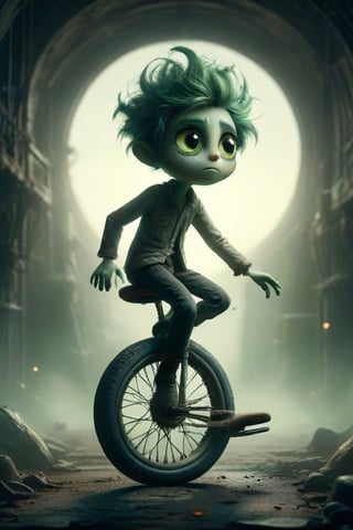 Create an image of a stylized character with one oversized green eye and sparse hair on top, riding an intricately designed metal unicycle. The background should have a gradient from dark to light, resembling an open space or sky.
