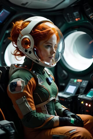 An astronaut drifts through the cabin of a spacecraft, the orange fabric of their suit contrasting against the stark white of the interior. Their red hair floats freely, defying gravity in a fiery halo around the helmet, which is equipped with a sleek black and green communication device. The scene is a silent ballet of color and motion, set in the vastness of space.
