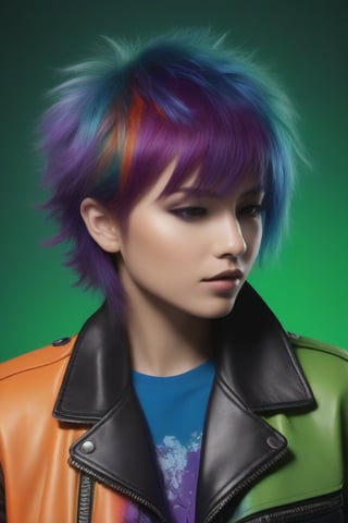 Create an image of a person seen from behind showcasing multicolored hair with streaks of green, orange, and purple. The person wears a vivid green leather jacket adorned with detailed blue patches featuring cartoonish artwork and text elements. Include an abstract dark background that complements the bright colors of the subject's hair and jacket.
