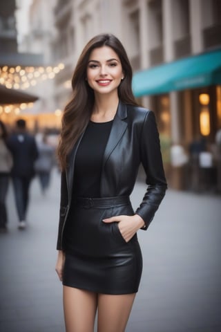 Beautiful young woman in a city.
 20-30 years.
 Symmetrical face, delicate features, smooth skin, large eyes, full lips, radiant smile, long and silky hair (orubio), slim and toned body.
  Elegant and fashionable.
 Cheerful, outgoing, self-confident, with a sense of humor.
 Cosmopolitan city, sunny day, vibrant atmosphere.
Walking down busy street. wide view. Natural and bright lighting.
Realistic, photographic style.
black leather clothing