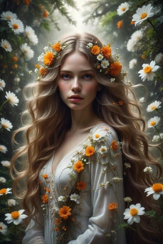 Create an artwork of a person with long, flowing hair intertwined with an array of white and orange flowers, wearing a garment that harmonizes with the botanical surroundings. The overall atmosphere should evoke an ethereal and dreamlike essence.
