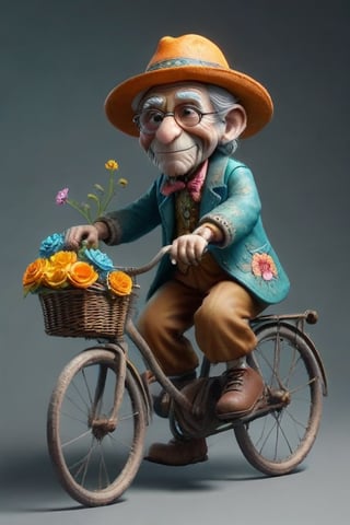 Create an image of an elderly animated character riding an orange bicycle with silver accents. The character should have exaggerated features for artistic effect and wear brown trousers, a teal floral-patterned shirt, and a large blue hat decorated with pink and yellow flowers. Include a basket filled with matching flowers attached to the rear of the bicycle against a gradient gray background that transitions from dark at the bottom to light at the top.
