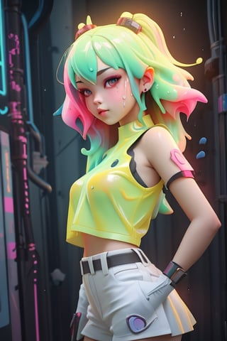 a woman with colorful hair poses for a photo, cyberpunk art, inspired by Yanjun Cheng, 3D rendering of a cute anime girl, dripping goo, realistic clothing, fluorescent skin. heart pose with hands, 