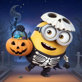 Masterpiece, high quality digital image featuring a Minion dressed as a skeleton, Halloween theme, creating an aura of wonder and mystery at night, perfect light