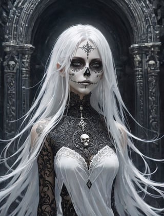 {(Inside the ancient dungeon, the {powerful necromancer BREAK({dark necromancer attire with skull intricate details}, long messy white hair, very light colored eyes, short heigh, crazy expression:1.5) staring with curiosity towards the invasion of the viewer of her lair:1.5)}, {(best quality impressionist masterpiece:1.5)}, (ultra detailed face, ultra detailed eyes, ultra detailed mouth, ultra detailed body, ultra detailed hands, detailed clothes), (immersive background + detailed scenery), {symmetrical intricate details + symmetrical sharpen details}, {(aesthetic details + beautiful details + harmonic details)}