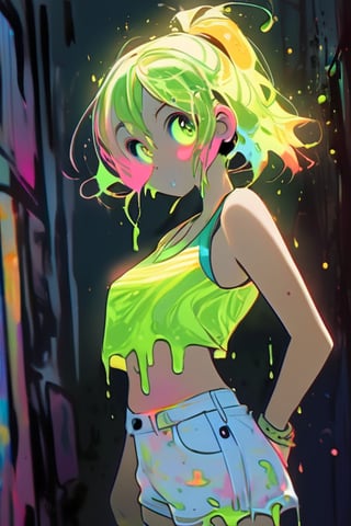 (Paint splashes),colorful color of the glow,lamplight,the girl,Look at the camera,Slime Girl,Flowing tank top shorts,Against the wall,big round eyes,Cutes,