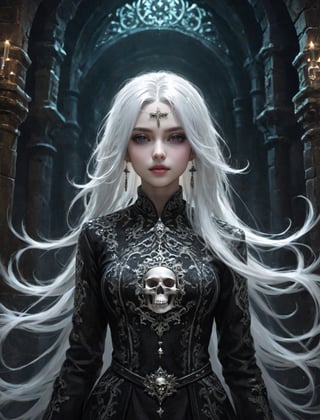 {(Inside the ancient dungeon, the {powerful necromancer BREAK({dark necromancer attire with skull intricate details}, long messy white hair, very light colored eyes, short heigh, crazy expression:1.5) staring with curiosity towards the invasion of the viewer of her lair:1.5)}, {(best quality impressionist masterpiece:1.5)}, (ultra detailed face, ultra detailed eyes, ultra detailed mouth, ultra detailed body, ultra detailed hands, detailed clothes), (immersive background + detailed scenery), {symmetrical intricate details + symmetrical sharpen details}, {(aesthetic details + beautiful details + harmonic details)}