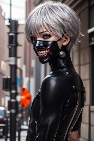 ((masterpiece, best quality)), portrait(1boy, male focus, solo), Kaneki ken, silver hair,  BREAK, (black sclera, red pupil), ((mask)) | teeth, blood eyes, bodysuit), waiting, outdoors, extremely detailed.