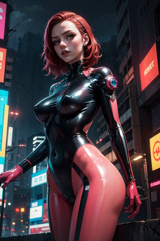 Masterpiece, Best Quality, 1girl, red hair, cyberpunk, pink latex bodysuit, neon city, expressionless , futuristic, 🏙️, extremely detailed, from below looking at viewer 