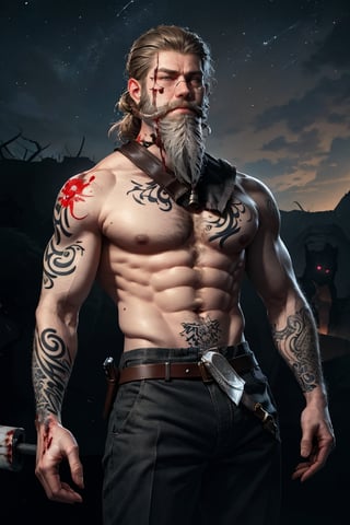 highres,(photorealistic:1.5), ultra-detailed, professional photography, (1boy, male focus), viking, nordic, muscular, (beard:1.5), holding weapon, (Tattoo:1.3), body_hair, frown, annoyed,  (blood:1.3), straight on, eyepatch, (dark scene), wide angle, (war), dark sky, (horror scene)