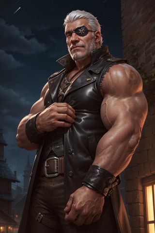 HIGHLY DETAILED, masterpiece, best quality, a man, mature male, old man, sideburns, silver hair, furr trim, leather coat, muscular male, sleeveless, futuristic, eye patch, cowboy shot, dutch angle, night sky, 