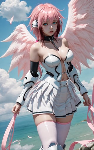 ikaros , 1girl,solo,pink hair,collar,chain,cleavage ,angel wings,skirt,bare shoulders,thighhighs,robot ears,navel,feathers,Ikaros,esmerald eyes, sky,broken_clothes, blood