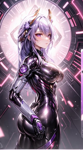 [(Transparent Background: 1.5)::5],(((Masterpiece))),(((Best Quality))),(((Extremely Detailed))), Illustration, (High Resolution), High Quality, Perfect Line Art, 1 Girl, (accurate helmet) ((Huge Breasts:1.5)), purple eyes, very long hair, braid, intense purple hair, (Wide Hips), Milf:1, Mature Woman, Small Waist:1.2, Curvy:1, Sexy, Defined Body:1.2, beautiful detailed face, red eyes, underwear slightly exposed, detailed eyes, hyper, slight smile, blushing, highly detailed, beautiful, small details, ultra detailed, best quality, intricate, 4k, 8k, nice anatomy, beautiful lighting ((sexy pose:1)), dinamyc pose, mechanical, cowboy shot, (translucent skin:1.5), leotard ,((purple and 
biue bodysuit:1.5)) ,raidenshogundef, ,raidenshogunrnd, (((view from back))), White background, mecha, mecha girl, using a katana:1