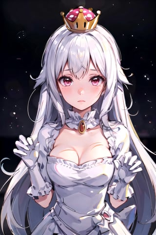 centered, award winning upper body portrait, cowboy shot, (looking at viewer:1.2), Boosette_Mario, 1girl, long hair, white hair, long white dress, ballroom dress, white gloves, blushing, | graveyard, | bokeh, depth of field, cinematic composition, |  