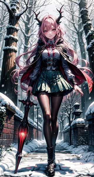 1other,androgynous,snow,snowing,holding,pink hair,pink eyes,solo,ribbon,long hair,horns,bangs,long sleeves,tree,broken horn,side drill,chain,cape,smile,holding weapon,full body,black footwear,closed mouth,black cape,bare tree,bow,skirt,weapon,red ribbon,other focus,looking at viewer,sidelocks,flower,black pantyhose,winter,holding cane,official alternate hair length,outdoors,standing,pleated skirt,wavy hair,pantyhose,official alternate hairstyle,wide sleeves,green skirt,braid,cloak,boots