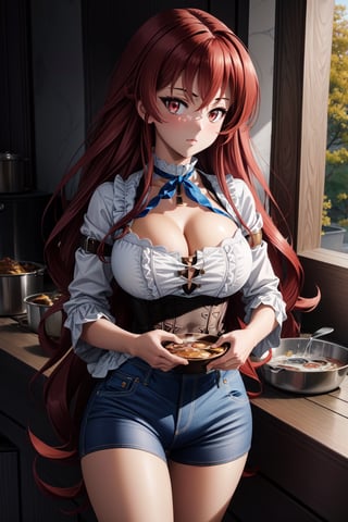 masterpiece, best quality, ultra-detailed, illustration, 1girl, big_breasts , hair, legs, pretty skin, expressionless, adult, cooking, blue_jeans, jeans, (((Neckline))),