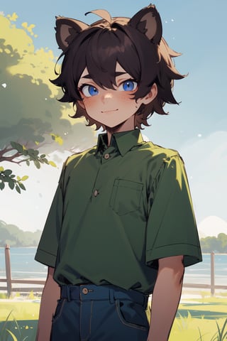 (masterpiece), 1boy, solo male, best quality, expressive eyes, perfect face, sketch style, (sfw), best quality, kemonomimi, bear ears, animal ears, brown hair, short hair, messy_hair, blue eyes BREAK freckles, green shirt BREAK (little boy, young boy), blue pants BREAK grass, looking_at_viewer, blush, standing, fence, trees, blue sky, lake, closed mouth, smile
