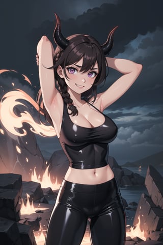 (masterpiece), 1girl, best quality, expressive eyes, perfect face, retro artstyle, mature female, large breasts, brown hair BREAK braid, slim body, purple eyes, cleavage, standing, (demon girl), red horns BREAK black wings, (latex pants), black tank top, black pants BREAK volcano, (dark clouds, cloudy sky, night time), rocks, standing, sexy pose, evil grin, dark aura, glowing eyes, looking_at_viewer, lava lake, magma