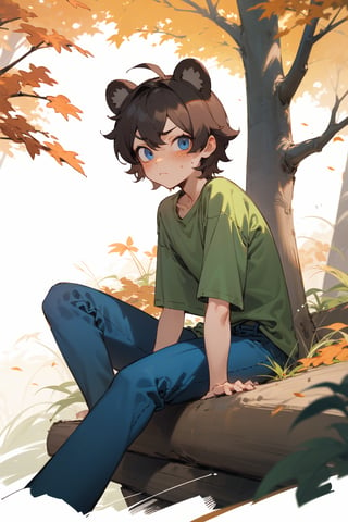 (masterpiece), 1boy, solo male, best quality, expressive eyes, perfect face, sketch style, (sfw), best quality, kemonomimi, bear ears, animal ears, brown hair, short hair, messy_hair, blue eyes BREAK freckles, green shirt BREAK (little boy, young boy), blue pants BREAK grass, looking_at_viewer, blush, sitting on log, autumn leaves, Autumn forest, trees, landscape 