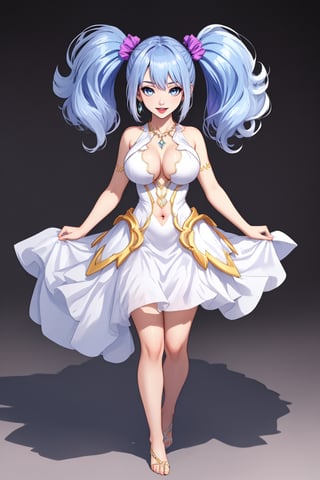 (masterpiece),  1girl,  best quality,  expressive eyes,  perfect face,  large breasts,  (young woman),  mega twintails,  (light purple hair BREAK) blue eyes BREAK mega twintails, (detailed white dress), abstract_background, crystals, (jewerly), earrings, necklace, cleavage cutout, exposed navel, legs, barefeet, full_body, purple lipstick BREAK smile, open_mouth, standing 