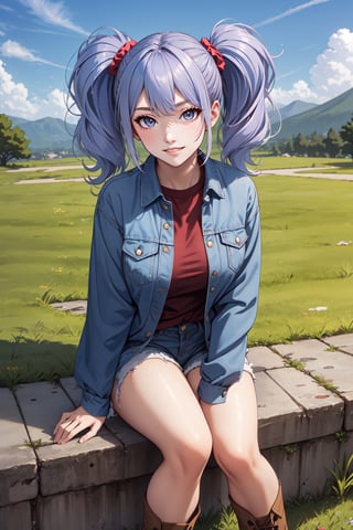 (masterpiece),  1girl,  best quality,  expressive eyes,  perfect face,  large breasts,  (young woman),  mega twintails,  (light purple hair BREAK) blue eyes BREAK mega twintails, sunset sky, checkered shirt, orange shirt BREAK torn shorts, blue shorts BREAK knee Boots, brown Boots BREAK blue jacket BREAK mountain, grin, lips, sitting on grass, outdoors, naughty smile, standing, legs focus, side view 