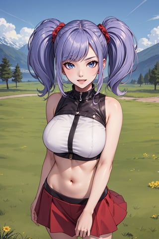 (masterpiece), 1girl, best quality, expressive eyes, perfect face, large breasts, (young woman), mega twintails, (light purple hair BREAK) blue eyes BREAK white crop top BREAK red skirt BREAK underboob, , naughty_face, smile, open mouth, grass, mountains, crops, lakeside, standing, off shoulders, sleeveless
