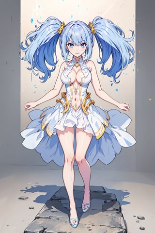 (masterpiece),  1girl,  best quality,  expressive eyes,  perfect face,  large breasts,  (young woman),  mega twintails,  (light purple hair BREAK) blue eyes BREAK mega twintails, (detailed white dress), abstract_background, crystals, (jewerly), earrings, necklace, cleavage cutout, exposed navel, legs, barefeet, full_body, purple lipstick BREAK smile, closed_mouth, standing 