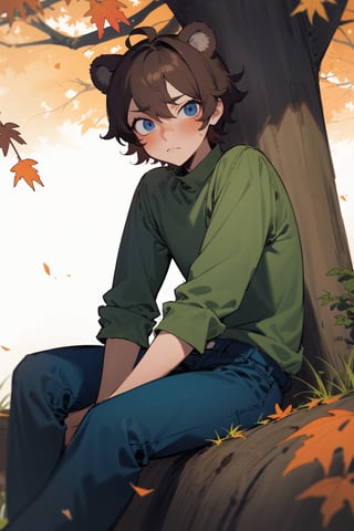 (masterpiece), 1boy, solo male, best quality, expressive eyes, perfect face, sketch style, (sfw), best quality, kemonomimi, bear ears, animal ears, brown hair, short hair, messy_hair, blue eyes BREAK freckles, green shirt BREAK (little boy, young boy), blue pants BREAK grass, looking_at_viewer, blush, sitting on log, autumn leaves, Autumn forest, trees, outdoors, daytime 