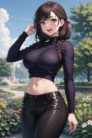 (masterpiece), 1girl, best quality, expressive eyes, perfect face, mature female, large breasts, brown hair BREAK braid, slim body, navel, purple eyes, hair ribbon, purple sweater, black pants, flower garden, blue sky BREAK green hills BREAK standing, smile, :D, cute pose 