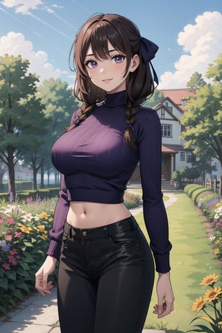 (masterpiece), 1girl, best quality, expressive eyes, perfect face, mature female, large breasts, brown hair BREAK braid, slim body, navel, purple eyes, hair ribbon, purple sweater, black pants, flower garden, blue sky BREAK green hills BREAK standing, smile, 