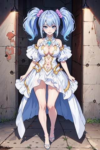(masterpiece),  1girl,  best quality,  expressive eyes,  perfect face,  large breasts,  (young woman),  mega twintails,  (light purple hair BREAK) blue eyes BREAK mega twintails, (detailed white dress), ((crystal palace)), crystals, (jewerly), earrings, necklace, cleavage cutout, exposed navel, legs, barefeet, full_body, purple lipstick BREAK smile, grin, standing 