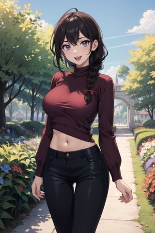 (masterpiece), 1girl, best quality, expressive eyes, perfect face, mature female, large breasts, brown hair BREAK braid, slim body, navel, purple eyes, hair ribbon, purple sweater BREAK black pants BREAK flower garden, blue sky BREAK green hills BREAK standing, smile, :D, 