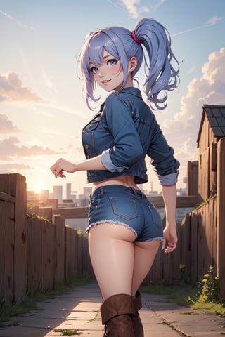 (masterpiece),  1girl,  best quality,  expressive eyes,  perfect face,  large breasts,  (young woman),  mega twintails,  (light purple hair BREAK) blue eyes BREAK mega twintails, sunset sky, torn shorts, blue shorts BREAK knee Boots, brown Boots BREAK blue jacket, from below, looking down, evil grin, lips, from_behind, outdoors, glaring, standing, ass focus 