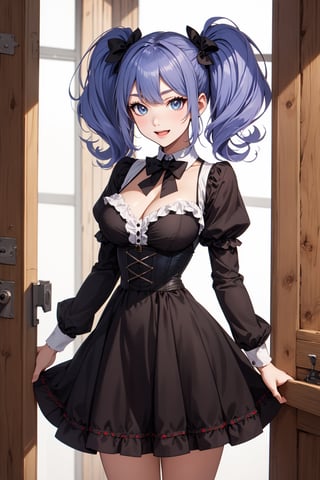 (masterpiece), 1girl, best quality, expressive eyes, perfect face, large breasts, (young woman), mega twintails, light purple hair BREAK puffy dress, purple dress BREAK puffy sleeves, :D, corset, cleavage, Boots, (blue eyes BREAK) red bowtie BREAK legs, standing, mega twintails,mega twintails, white background 