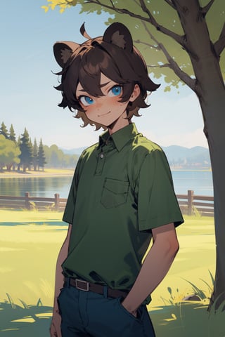 (masterpiece), 1boy, solo male, best quality, expressive eyes, perfect face, sketch style, (sfw), best quality, kemonomimi, bear ears, animal ears, brown hair, short hair, messy_hair, blue eyes BREAK freckles, green shirt BREAK (little boy, young boy), blue pants BREAK grass, looking_at_viewer, blush, standing, fence, trees, blue sky, lake, closed mouth, smile
